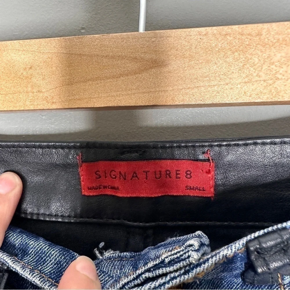 Signature8 denim & faux leather mini skirt